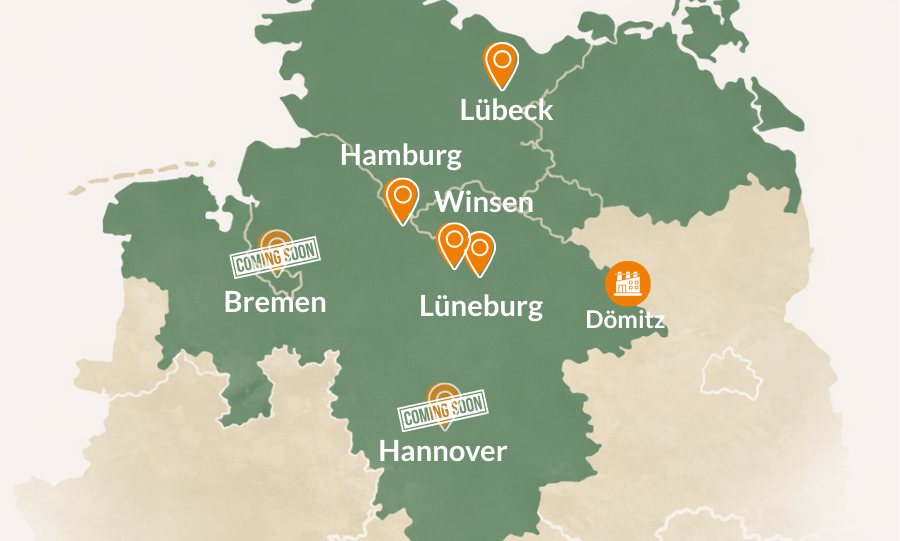 Standortkarte der Parkett Outlets in Norddeutschland mit Hamburg, Winsen (Luhe), Lüneburg und Lübeck sowie geplanten Standorten in Bremen und Hannover