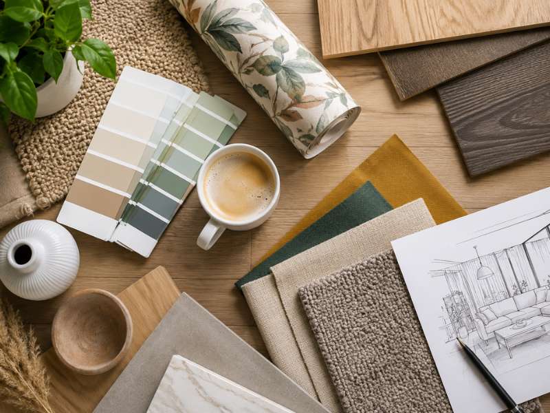 Moodboard mit Stoffen, Holzmustern, Farbtönen und Wohnaccessoires als Inspiration für die individuelle Raumgestaltung.
